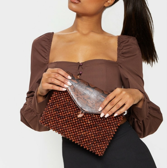 PrettyLittleThing Handbags - Brown Beaded Snake print Clutch Bag